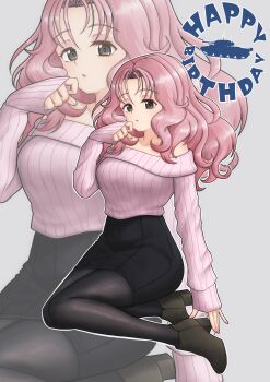 1girl absurdres amanone_yun ankle_boots black_boots black_pantyhose black_skirt boots breasts eyeshadow girls_und_panzer grey_background grey_eyes happy_birthday high-waist_skirt highres long_hair makeup off-shoulder_shirt off_shoulder pantyhose peach_(girls_und_panzer) pink_eyeshadow pink_hair pink_shirt ribbed_shirt shirt skirt zoom_layer
