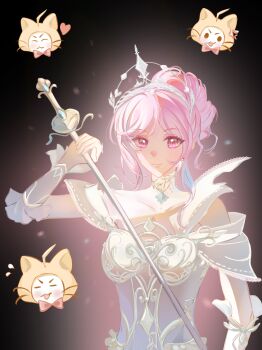 Rule 34 | 1girl, absurdres, animal, armor, backlighting, bare shoulders, black background, breastplate, cat, chinese commentary, closed mouth, clothed animal, clothing cutout, collar, collarbone, commentary request, detached collar, dress, earrings, eyelashes, frilled arm warmers, hair bun, head only, high collar, highres, holding, holding sword, holding weapon, infinity nikki, jewelry, lace collar, light blush, lips, melody bloom (infinity nikki), momo (nikki), nikki (nikki), nikki (series), pink eyes, pink hair, rapier, see-through collar, short hair, short hair with long locks, short sleeves, shoulder cutout, shuiguo wushi, sidelocks, single hair bun, smile, solo, sword, tiara, updo, upper body, variant set, wavy hair, weapon, white arm warmers, white cat, white collar, white dress