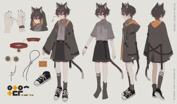 1boy absurdres ahoge animal_collar animal_ear_fluff animal_ears armband artist_self-insert belt black_legwear cat_ears cat_tail character_name reference_sheet collar collared_shirt cross cross_necklace eyebrows_hidden_by_hair grey_background highres hood hood_down hooded_jacket hoodie indie_virtual_youtuber jacket jewelry multicolored_hair nail_polish necklace ookami_ciro otozuki_teru_(vtuber) polo_shirt red_eyes ring shirt shirt_tucked_in shoes short_hair shorts sidelocks simple_background skull skull_necklace sneakers socks strap streaked_hair tail tsurime virtual_youtuber