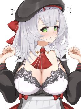 1girl apron ascot black_hat blush bra braid braided_bangs breasts cleavage dress employee_uniform fast_food_uniform flying_sweatdrops genshin_impact green_eyes grey_hair harechiuten hat kfc large_breasts looking_at_viewer noelle_(genshin_impact) noelle_(kfc)_(genshin_impact) nose_blush official_alternate_costume open_clothes red_ascot short_hair solo sweatdrop underwear upper_body white_background white_bra