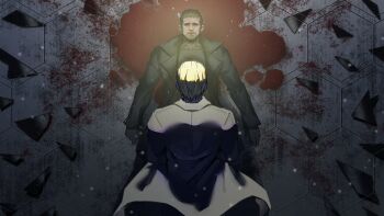 Rule 34 | 2boys, albert wesker, beard, black coat, bleeding, blonde hair, blood, brown hair, check copyright, chris redfield, closed eyes, coat, commentary, copyright request, facial hair, from above, glowing, hair slicked back, highres, imagine (imagine7243618), implied death, lying, multiple boys, on back, open clothes, open coat, pool of blood, popped collar, resident evil, resident evil 5, short hair, standing