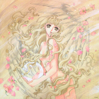 1girl angel angel_wings blonde_hair brown_eyes censored cherry_blossoms clamp convenient_censoring curly_hair earth_(planet) female_focus flower hair_censor holding long_hair monou_kotori navel nude official_art petals planet scan solo very_long_hair wavy_hair wings x_(manga)