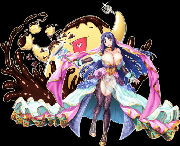 1girl blue_hair breasts brown_eyes dessert dress food full_body game_asset high_heels huge_breasts kyonyuu_fantasy_burst official_alternate_costume official_art panties q-gaku roxanne_de_desir skirt thighs third-party_source underwear wand