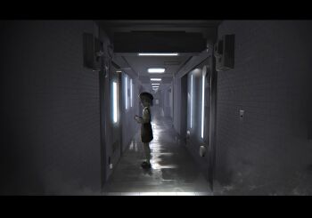 1girl absurdres beret black_skirt ceiling_light closed_mouth collared_shirt comiket_95 door dot_mouth electrical_outlet from_side full_body hallway hands_up hat hatoba_tsugu highres indoors letterboxed light_particles loafers long_sleeves looking_at_viewer mole mole_under_eye momoero neck_ribbon pantyhose pleated_skirt plug reflective_floor ribbon shirt shoes short_hair skirt solo standing suspender_skirt suspenders switch tile_floor tile_wall tiles tsugu_(vtuber) turning_head virtual_youtuber white_pantyhose