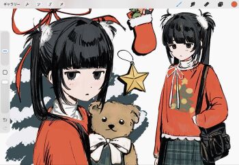 1girl bag black_eyes black_hair blush christmas hat highres iwonu looking_at_viewer multiple_views original parted_lips red_sweater ribbon santa_hat skirt star_(symbol) stuffed_animal stuffed_toy sweater teddy_bear twintails unfinished