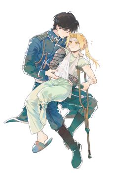 amputee arm_sling bandaged_arm bandaged_head bandages black_hair blonde_hair blue_pants coat collared_coat crew_neck crutch edward_elric full_body fullmetal_alchemist hand_on_another's_neck highres holding_crutch invisible_chair long_sleeves pants ponytail prosthesis prosthetic_arm roy_mustang shirt short_hair short_sleeves simple_background sitting sleeve_cuffs slippers white_background white_pants white_shirt wing_collar xue_ezi yellow_eyes