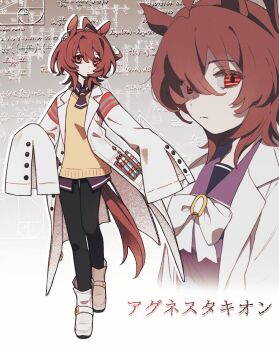 1girl :d agnes_tachyon_(tach-nology)_(umamusume) agnes_tachyon_(umamusume) ahoge animal_ears black_necktie black_pantyhose black_shirt boots bow bowtie coat collared_shirt commentary_request doggwa double-parted_bangs full_body gradient_background grey_background hair_between_eyes highres horse_ears horse_girl horse_tail korean_commentary lab_coat long_sleeves looking_at_viewer math medium_hair multiple_views necktie open_mouth outline pantyhose purple_sailor_collar red_eyes sailor_collar school_uniform shirt short_necktie sidelocks sleeves_past_fingers sleeves_past_wrists smile standing sweater tail test_tube tracen_school_uniform umamusume white_boots white_bow white_bowtie white_coat white_outline yellow_sweater