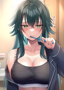 1girl armpit_crease black_pajamas black_shirt black_sports_bra blush breasts brushing_teeth cleavage collarbone commentary_request gakuen_idolmaster green_eyes green_hair hair_flaps highres holding holding_toothbrush idolmaster indoors long_hair looking_at_viewer open_clothes open_shirt pajamas shiitake_taishi shirt single_bare_shoulder sleepy solo sports_bra toothbrush tsukimura_temari upper_body very_long_hair