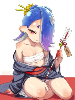1girl alternate_costume arrow_(projectile) blue_hair breasts chest_sarashi collarbone ear_piercing facing_viewer flower hair_flower hair_ornament hair_over_one_eye hair_stick heart heart-shaped_pupils highres japanese_clothes kimono nintendo piercing red_eyes sarashi shiver_(splatoon) sitting small_breasts smile solo splatoon_(series) splatoon_3 symbol-shaped_pupils t2ukmyjm tentacle_hair white_background