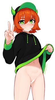 1girl bar_censor black_hoodie blush borrowed_character bottomless censored clothes_lift drawstring fake_horns green_eyes hair_between_eyes hat hood hood_down hoodie hoodie_lift horned_headwear horns lifting_own_clothes long_sleeves looking_at_viewer navel nose_blush orange_hair original pussy short_hair simple_background smile solo tears twitter_username v white_background yoako