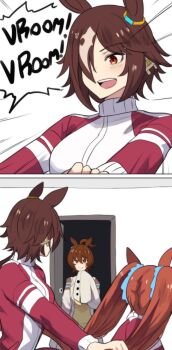 3girls absurdres agnes_tachyon_(tach-nology)_(umamusume) agnes_tachyon_(umamusume) ahoge animal_ears blush breasts brown_eyes brown_hair closed_mouth coat daiwa_scarlet_(umamusume) doorway earrings hair_between_eyes hair_over_one_eye highres hinghoi holding_another's_hair horse_ears horse_girl jacket jewelry lab_coat long_hair long_sleeves looking_at_another multicolored_hair multiple_girls open_mouth red_eyes red_jacket single_earring sleeves_past_fingers sleeves_past_wrists smile sound_effects speech_bubble sweater teeth tracen_training_uniform track_jacket twintails umamusume upper_teeth_only very_long_hair vodka_(umamusume) white_coat white_hair yellow_sweater yuri