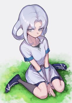 Rule 34 | 1girl, black socks, blue shoes, breasts, closed mouth, collarbone, full body, grass, grey eyes, grey hair, grey shirt, grey skirt, highres, looking at viewer, medium hair, shirt, shoes, sidelocks, sitting, skirt, socks, solo, wariza, white background