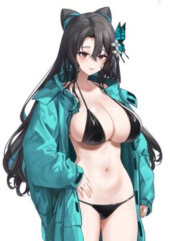 Rule 34 | 1girl, aningay, aqua hair, aqua jacket, asymmetrical bangs, bikini, black bikini, black hair, breasts, butterfly hair ornament, cleavage, closed mouth, collarbone, colored inner hair, commentary request, cone hair bun, cowboy shot, hair bun, hair ornament, highres, indie virtual youtuber, jacket, korean commentary, large breasts, long hair, looking at viewer, multicolored hair, navel, open clothes, open jacket, red eyes, shiny skin, solo, standing, swimsuit, transparent background, very long hair, virtual youtuber, wavy hair