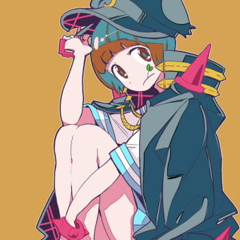 Rule 34 | 10s, 1girl, bad id, bad pixiv id, banchou, blue skirt, brown eyes, brown hair, coat, delinquent, female focus, grgr27, hat, kill la kill, mankanshoku mako, school uniform, short hair, skirt, solo