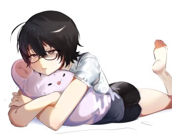 1girl :t absurdres black_hair black_shorts commentary dolphin_shorts english_commentary glasses highres kenzeeato lying on_stomach original short_hair shorts simple_background stuffed_toy