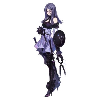 1girl buckler drag-on_dragoon drag-on_dragoon_3 dress female_focus fujisaka_kimihiko full_body grey_hair highres official_art purple_dress purple_eyes scissors shield simple_background solo sword three_(drag-on_dragoon) weapon