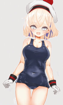 1girl beret blonde_hair blue_eyes blue_hair breasts collarbone colored_inner_hair covered_navel gloire_(kancolle) gloves grey_background hat highres kantai_collection looking_at_viewer medium_breasts mf_u_c mole mole_on_neck multicolored_hair one-hour_drawing_challenge one-piece_swimsuit open_mouth school_swimsuit short_hair smile solo swimsuit white_gloves