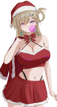 1girl absurdres alternate_costume bare_arms bare_shoulders blonde_hair blowing_bubbles blue_eyes bow bowtie braid breasts cape cleavage commentary_request cowboy_shot crop_top earrings fur_trim hair_ornament hair_rings hairclip hat highleg highres ilu jewelry large_breasts long_hair looking_at_viewer lynae_(wuthering_waves) midriff miniskirt navel panty_straps red_cape red_hat red_shirt red_skirt santa_costume santa_hat shirt skirt sleeveless sleeveless_shirt solo stomach wuthering_waves