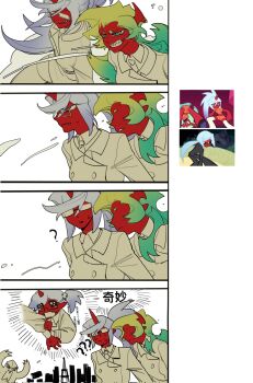 2girls blue_hair breasts colored_skin commentary_request demon_girl demon_horns green_hair guru.zong highres horns kneesocks_(psg) large_breasts long_hair looking_at_another medium_breasts multiple_girls panty_&amp;_stocking_with_garterbelt red_skin scanty_(psg) school_uniform