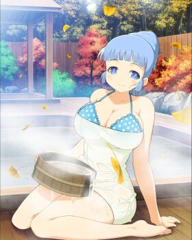 1girl arm_support autumn_leaves bath bathing bikini bikini_top_only blue_bikini blue_eyes blue_hair blunt_bangs breasts bucket bush convenient_censoring covering_privates frilled_bikini frills game_cg hair_bun kanon_(senran_kagura) large_breasts leaf looking_at_viewer musical_note-shaped_pupils naked_towel non-web_source nude nude_cover official_alternate_costume official_alternate_hairstyle official_art onsen plant polka_dot polka_dot_bikini rock senran_kagura senran_kagura_new_wave shuriken_hair_ornament sitting solo steam steam_censor swimsuit symbol-shaped_pupils towel tree wariza water wet wet_towel wooden_bucket wooden_floor