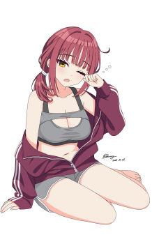 1girl 2025 ;d arm_at_side bare_shoulders barefoot blunt_bangs blush breasts cleavage commentary cowlick dated dolphin_shorts eyelashes full_body futamihara_ririko grey_shorts grey_sports_bra hair_intakes highres jacket jacket_partially_removed large_breasts limelight_lemonade_jam looking_at_viewer low_ponytail medium_hair one_eye_closed open_clothes open_jacket open_mouth partially_unzipped ponytail red_hair red_jacket shorts sidelocks signature simple_background sitting sleepy smile solo sports_bra squeans straight_hair thighs track_jacket tsurime white_background xiaoming1625 yellow_eyes yokozuwari