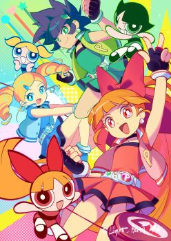 6+girls :d absurdres akazutsumi_momoko black_hair black_shoes blonde_hair blossom_(ppg) blue_eyes bow brick_st bubbles_(ppg) buttercup_(ppg) child closed_mouth commentary goutokuji_miyako green_eyes hashtag-only_commentary highres hyper_blossom looking_at_viewer matsubara_kaoru multiple_girls open_mouth orange_hair powered_buttercup powerpuff_girls powerpuff_girls_z red_bow rolling_bubbles shoes short_sleeves skirt smile