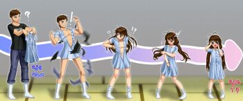 1boy 1girl @_@ abs absurdres age_regression aged_down ahoge arrow_(symbol) black_shirt blue_dress blush brown_hair child commentary crossdressing denim dress genderswap genderswap_(mtf) green_eyes hands_on_own_face highres indoors jeans long_hair low_twintails navel open_mouth original pants purple_eyes sakatsu_nikara school_uniform sequential shirt socks surprised tears transformation twintails unworn_clothes white_socks