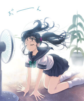 1girl all_fours closed_eyes electric_fan fanning_face female_focus original school_uniform serafuku skirt socks solo twintails wind yakka