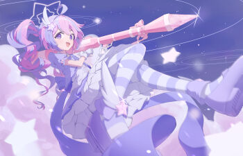 Rule 34 | 1girl, ahoge, blue archive, blue hair, blue pantyhose, blue shoes, blurry, commentary, eyelashes, frills, glint, gloves, hair ornament, halo, highres, holding, holding weapon, hoo231013, long hair, multicolored hair, open mouth, pantyhose, pink hair, puffy short sleeves, puffy sleeves, purple eyes, reisa (blue archive), reisa (magical) (blue archive), rocket launcher, rpg, rpg-7, rpg (weapon), shoes, short sleeves, smile, solo, star (symbol), star hair ornament, star halo, striped clothes, striped pantyhose, teeth, twintails, two-tone hair, untranslatable commentary, upper teeth only, weapon, white gloves