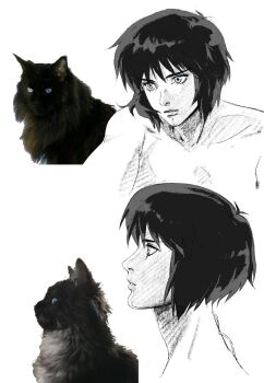 1girl absurdres aizheajsee black_hair blue_eyes ghost_in_the_shell greyscale highres kusanagi_motoko medium_hair monochrome multiple_views neck solo spot_color subdermal_port topless_female