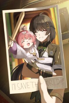 Rule 34 | 1girl, absurdres, adoptive parent and adoptive child, aemeath (wuthering waves), aemeath (young) (wuthering waves), ashamutoki, black gloves, black hair, black jacket, closed eyes, colored inner hair, commentary, earrings, english commentary, facing viewer, female rover (perpetual spark) (wuthering waves), female rover (wuthering waves), fingerless gloves, gloves, hair ornament, highres, holding, holding photo, holding sword, holding weapon, jacket, jewelry, mother and daughter, multicolored hair, open mouth, photo (object), pink hair, pov, pov hands, rover (wuthering waves), smile, solo, sword, triangle earrings, weapon, white hair, wooden sword, wuthering waves