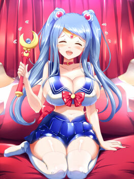 1girl adult_swim alternate_costume bed bishoujo_senshi_sailor_moon blue_hair blush breasts choker cleavage closed_eyes closed_eyes_smile cosplay embarrassed female_focus fire_emblem fire_emblem_engage intelligent_systems kneeling large_breasts long_hair lumera_(fire_emblem) midriff miniskirt nervous nervous_smile nintendo on_bed open_mouth pillow revealing_clothes skirt smile staff thighhighs toei_company toonami twintails viz_media voice_actor_connection yanmarson