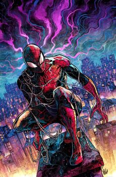 1boy abstract_background animal_print artist_name bodysuit building city city_lights cityscape colorful_background dynamic_pose highres male_focus marvel mask mask_on_head multicolored_bodysuit night night_sky outdoors print_bodysuit red_bodysuit red_mask reflection rope signature silk sky skyline spider-man spider-man_(series) spider_print spider_web spider_web_print superhero_costume two-tone_bodysuit vinartwork white_eyes