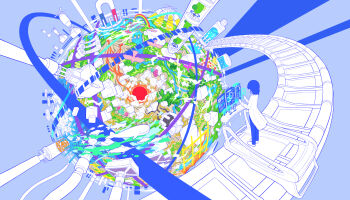 1girl aqua_butterfly bird blue_hair blue_pants bug butterfly cloud coat colorful crystal fish hammerhead_shark hebitsukai highres insect magnet mountain original pants pink_butterfly rainbow river shoes short_hair solo standing volcano water waterfall whale white_coat white_shoes wide_shot yellow_butterfly