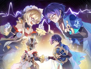 1boy 1girl backless_dress backless_outfit bare_back bare_shoulders blonde_hair blue_eyes blue_hat commentary constricted_pupils detached_sleeves dress genshin_impact gloves hairband hat highres holding holding_unworn_clothes holding_unworn_hat long_hair long_sleeves looking_at_another middle_finger multiple_views open_mouth purple_hair sandrone_(genshin_impact) scaramouche_(genshin_impact) short_hair strapless strapless_dress unworn_hat unworn_headwear upper_body viviwi wanderer_(genshin_impact) white_gloves