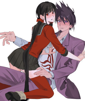 Rule 34 | 1girl, :o, black hair, blunt bangs, blush, danganronpa (series), danganronpa v3: killing harmony, hair ornament, hair scrunchie, harukawa maki, hetero, highres, jacket, long hair, long sleeves, looking at viewer, low twintails, miniskirt, mole, mole under eye, momota kaito, pants, pink jacket, pink pants, print shirt, red eyes, red scrunchie, red shirt, sailor collar, saman zero7, school uniform, scrunchie, shirt, skirt, smile, sweat, twintails, white shirt