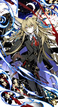 1girl animal_ear_fluff animal_ears arknights belt black_belt black_coat black_jacket blonde_hair blood brown_gloves buttons chinese_commentary closed_mouth coat coat_on_shoulders collared_shirt commentary_request crescent_moon crossed_bangs facial_scar fy_fei_xiao_ya gloves hair_between_eyes highres jacket light_particles long_hair looking_at_viewer magic moon multicolored_hair necktie orange_eyes purple_coat red_necktie scar scar_on_cheek scar_on_face shirt solo standing streaked_hair tassel two-sided_coat two-sided_fabric vulpisfoglia_(arknights) watermark white_shirt white_streaks