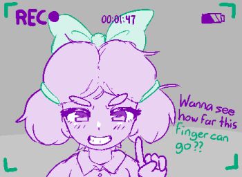 1girl battery_indicator bow calamity33 english_text female_focus green_bow grey_background grin hair_bow jas_(stardew_valley) looking_at_viewer lowres pointing portrait purple_eyes purple_hair smile solo stardew_valley teeth thick_eyebrows viewfinder