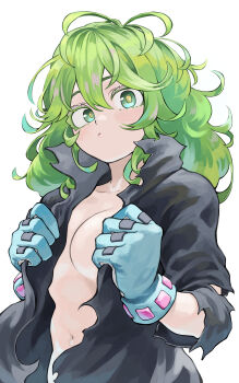 1girl absurdres black_shirt blue_eyes blue_gloves boku_no_hero_academia breasts closed_mouth commentary_request fengling_(furin-jp) gloves green_hair hagakure_toru highres long_hair looking_at_viewer medium_breasts navel open_clothes open_shirt shirt simple_background solo white_background