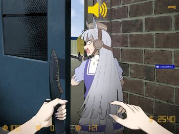 2girls absurdres animal_ears assault_rifle blunt_bangs blunt_ends brown_eyes combat_knife constricted_pupils counter-strike counter-strike_(series) door_stuck_(meme) female_pov gameplay_mechanics gold_ship_(umamusume) grey_hair gun heads-up_display highres holding holding_knife horse_ears horse_girl horse_tail knife long_hair m4_carbine meme multiple_girls nervous_sweating pillbox_hat pov purple_nails raikkonen rifle sailor_collar sailor_shirt school_uniform shirt shouting sweat tail tracen_school_uniform umamusume user_interface very_long_hair weapon