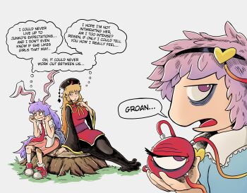 3girls absurdres animal_ears annoyed bandaid blush chinese_clothes clueless english_text fingernails highres junko_(touhou) komeiji_satori long_fingernails long_hair multiple_girls necktie nervous on_tree_stump panchamon rabbit_ears rabbit_girl rabbit_tail reisen_udongein_inaba sitting speech_bubble tabard tail thought_bubble touhou yuri