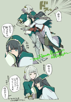 2girls armor arrow_(projectile) between_breasts black_hair blush breasts commentary_request dress face_between_breasts green_background green_dress green_eyes green_hair green_thighhighs head_between_breasts high_heels highres kamejiro_(sasakame) medium_hair multiple_girls natalia_(sylph_no_hanahime) nun parted_lips sara_(sylph_no_hanahime) simple_background speech_bubble sylph_no_hanahime thighhighs translation_request white_dress yuri