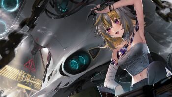 1girl animal antenna_hair arm_above_head arm_over_head arm_up armpits bandaged_arm bandaged_neck bandages bare_shoulders black_pants blonde_hair blurry breasts cable chain cleavage commission crop_top cross-laced_clothes cross-laced_top crossed_bangs depth_of_field fingernails grey_hair grey_tube_top hair_between_eyes highres hiiragi_mikoto holding hologram indie_virtual_youtuber komodo_dragon light_blush medium_breasts medium_hair midriff multicolored_hair navel open_mouth pants purple_eyes repairing scar scar_on_arm scar_on_breasts scar_on_chest scar_on_shoulder science_fiction skeb_commission smile solo space_print spacecraft starry_sky_print steam strapless streaked_hair sunny_splosion sunny_splosion_(1st_costume) sweat teeth tube_top two-tone_hair upper_teeth_only virtual_youtuber