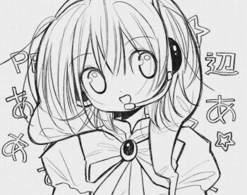 1girl bow bowtie greyscale hat headset highres jester_cap looking_at_viewer medium_hair monochrome open_mouth original pepeppepe101 portrait solo