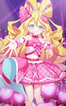 1girl arm_warmers blonde_hair blue_eyes bow-shaped_hair bridal_gauntlets brooch cure_idol detached_sleeves earrings frilled_bridal_gauntlets glowstick hair_bun hair_ornament headset heart heart_brooch heart_earrings heart_hair_bun heart_hair_ornament highres idol idol_heart_brooch_(precure) jewelry kimi_to_idol_precure long_hair magical_girl midriff navel pink_bridal_gauntlets pink_skirt pink_wrist_cuffs precure puffy_detached_sleeves puffy_sleeves single_arm_warmer skirt smile solo stage stage_lights tokoshibyra undershirt wrist_cuffs