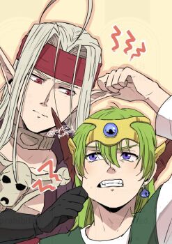 2boys ahoge arm_up black_gloves blue_gemstone cheek_pull choker clenched_teeth commentary dragon_quest dragon_quest_iv earrings fins gem gloves grabbing_another&#039;s_ear green_hair green_vest hand_on_another&#039;s_ear harness head_fins headband headpiece hero_(dq4) jewelry long_hair looking_at_another looking_up male_focus multiple_boys parted_hair pisaro pointy_ears purple_eyes red_eyes red_headband shirt single_earring slime_(dragon_quest) symbol-only_commentary tara_(677965) teeth upper_body vest white_hair white_shirt yellow_background