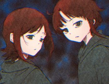 2girls asymmetrical_hair brown_eyes brown_hair distortion glitch green_hoodie hair_ornament hairclip hood hoodie iwakura_lain katsuragi_(webmaster909) looking_at_viewer mizuki_alice multiple_girls serial_experiments_lain single_sidelock static vhs_artifacts x_hair_ornament