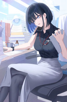 1girl absurdres aged_up alternate_costume alternate_hairstyle black_hair black_shirt blue_archive blue_eyes blunt_bangs blurry bob_cut book book_stack bottle breasts cellphone chair clipboard collared_shirt colored_inner_hair commentary_request computer_mouse crossed_legs cup depth_of_field desk desk_lamp energy_drink exhausted halo head_hold head_tilt high-waist_skirt highres holding holding_clipboard holding_computer_mouse id_card indoors lamp lanyard looking_at_viewer mug multicolored_hair office office_chair office_lady okano_yuuto on_chair pantyhose paper_stack parted_lips pencil_skirt phone saori_(blue_archive) shirt short_hair side_slit sidelocks sitting skirt sleeveless sleeveless_shirt smartphone solo sweatdrop swivel_chair two-tone_hair watch wristwatch