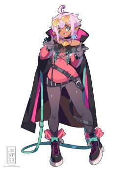 Rule 34 | 1girl, ;d, ahoge, ankle boots, bare shoulders, belt, blue eyes, boots, breasts, brown gloves, brown leggings, cape, choker, dark-skinned female, dark skin, earrings, eyewear on head, fluffy hair, full body, gloves, highres, jesternalagon, jewelry, lace-up boots, leggings, looking at viewer, one eye closed, open mouth, original, pink hair, pointy ears, ribbon, short hair, simple background, small breasts, smile, smug, solo, standing, star-shaped pupils, star (symbol), sunglasses, symbol-shaped pupils, thick eyebrows, thick eyelashes, tinted eyewear, white background