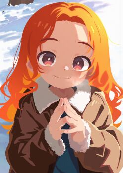 1girl aqua_shirt breath bright_pupils brown_coat closed_mouth coat commentary_request fur-trimmed_sleeves fur_trim hands_up highres long_hair long_sleeves looking_at_viewer no_lineart open_clothes open_coat orange_hair original own_hands_together parted_bangs red_eyes shirt smile snow solo split_mouth steepled_fingers takarai_shunsuke upper_body white_pupils